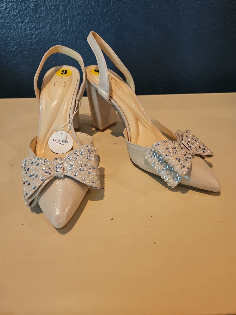 Jessica Simpson Nude/Ivory Slingback Block Heels with Crystal Bow